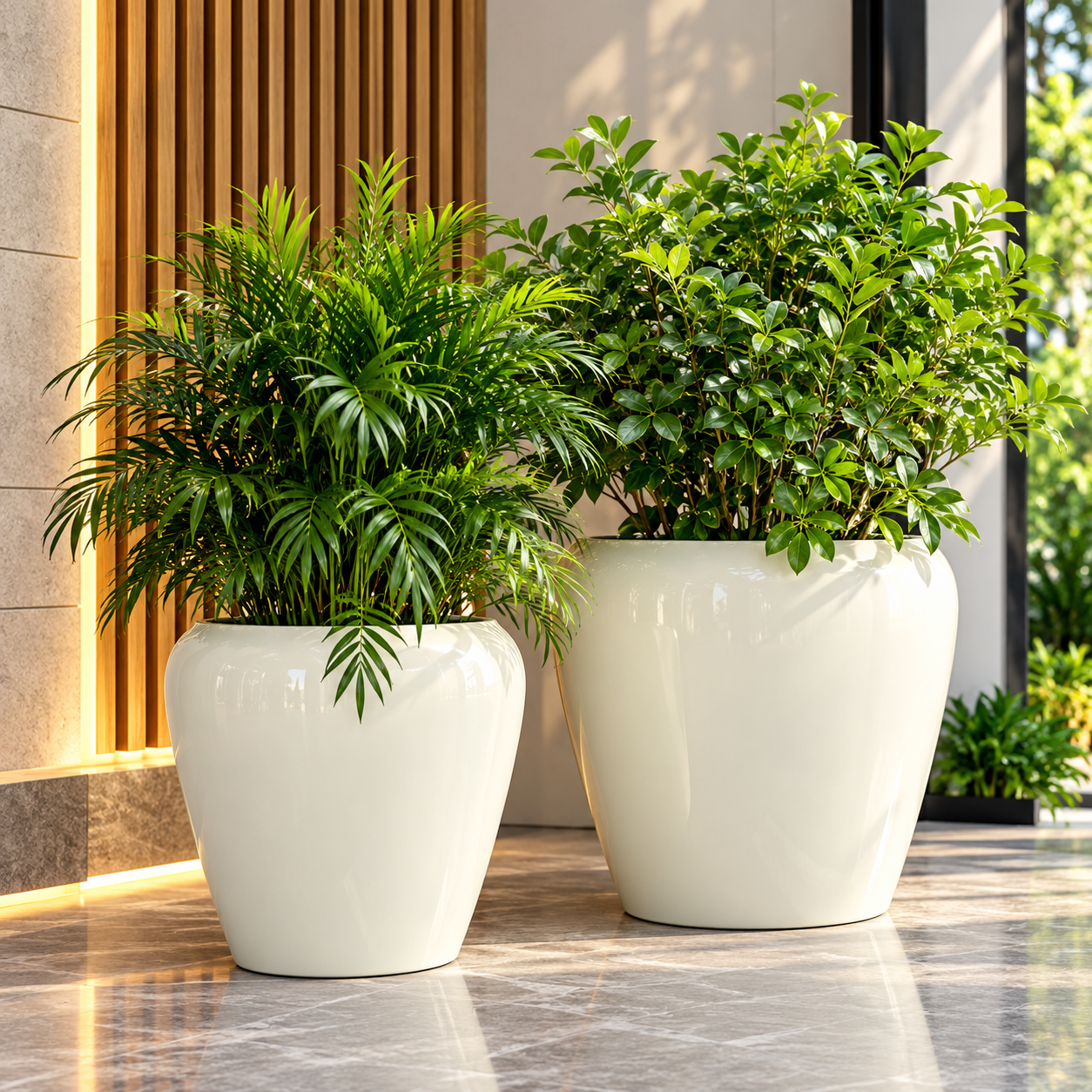 Glossy Planters in a Modern Entryway — Sugandha Farms & Nursery